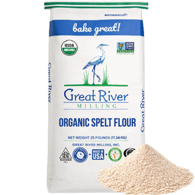 Great River Milling Organic Spelt Flour bag 25lb for versatile baking with nutty, mild flavor.