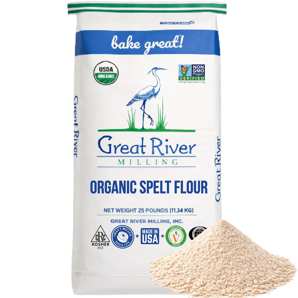 Great River Milling Organic Spelt Flour bag 25lb for versatile baking with nutty, mild flavor.
