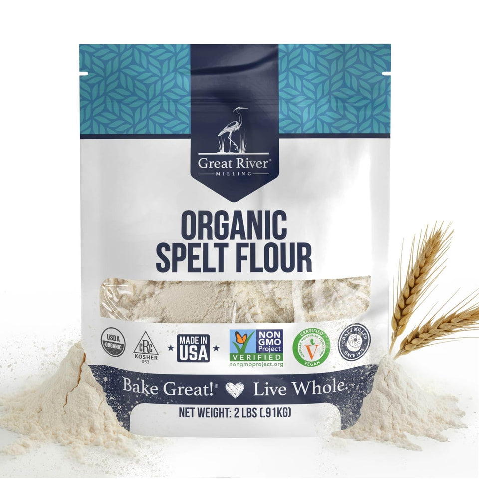 Great River Milling Organic Spelt Flour bag front for wholesome bread baking.