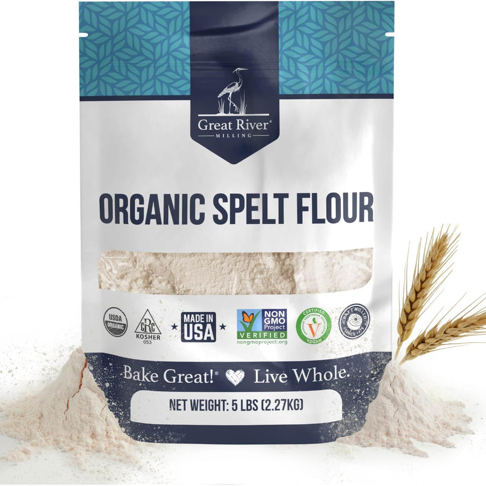Great River Milling Organic Spelt Flour bag ready for pantry baking