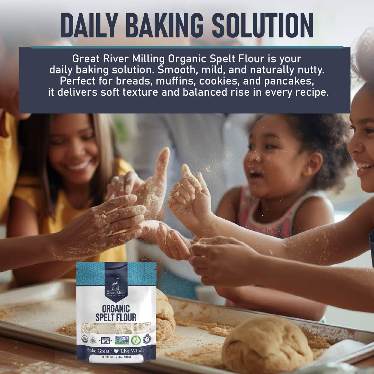 Great River Milling Organic Spelt Flour cookie dough; sweet treats with nutty notes.