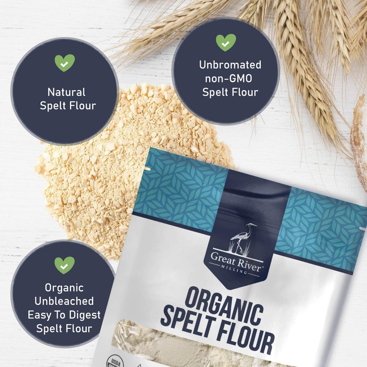 Great River Milling Organic Spelt Flour in a mixing bowl for easy baking prep.