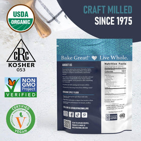 Great River Milling Organic Spelt Flour packaging; kept fresh for small-batch bakers.