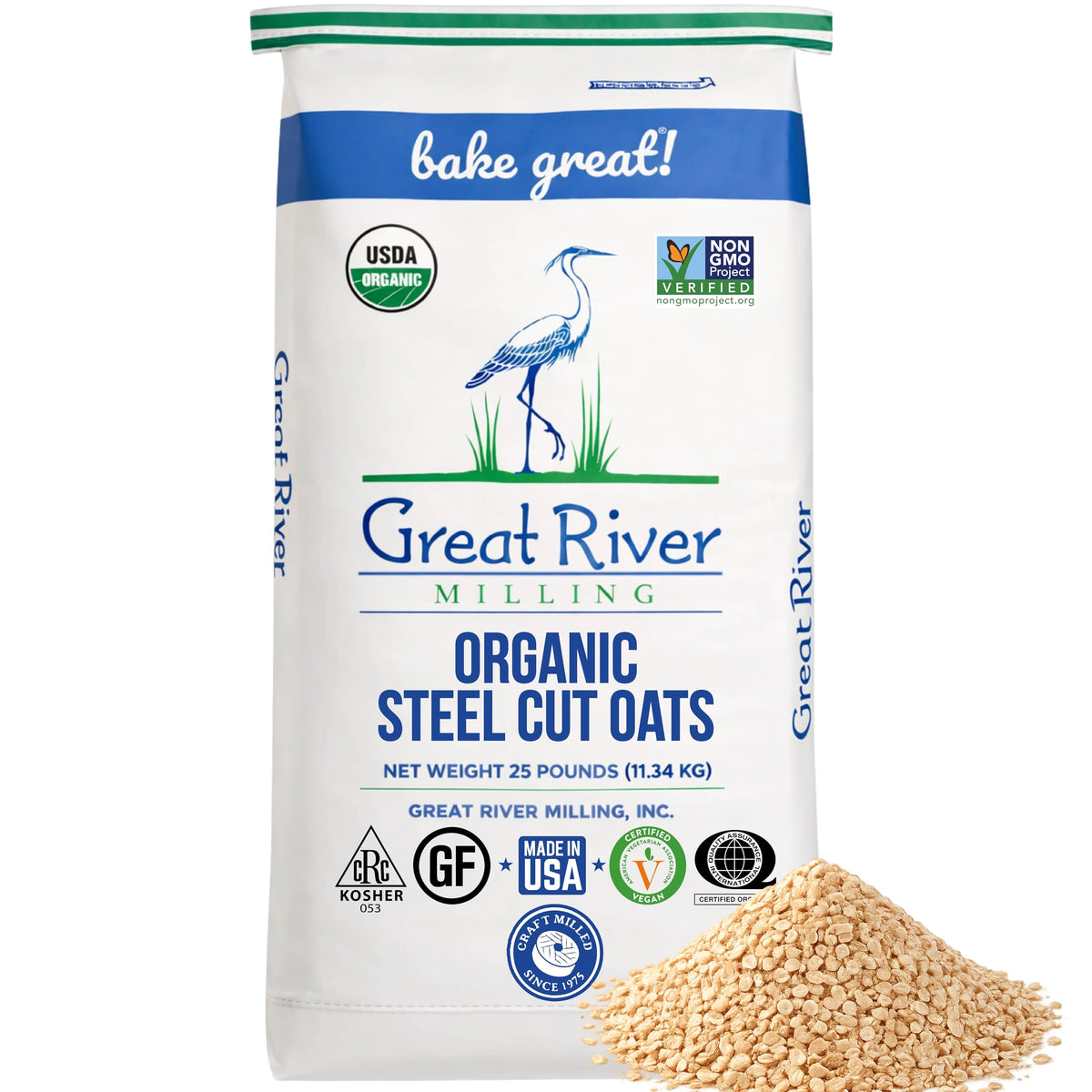 Great River Milling Organic Steel Cut Oats bag ready for pantry and cooking.