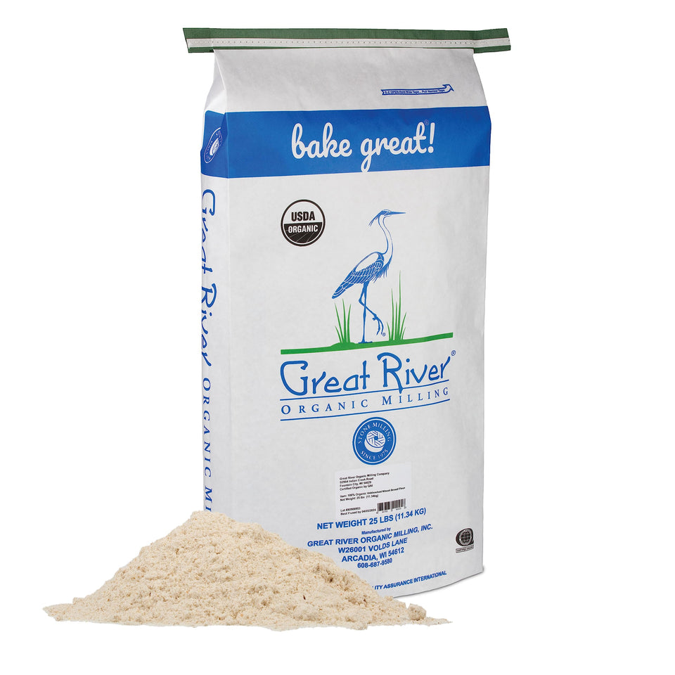 Great River Milling organic unbleached wheat bread flour bag emphasizes clean ingredients for flavorful bread