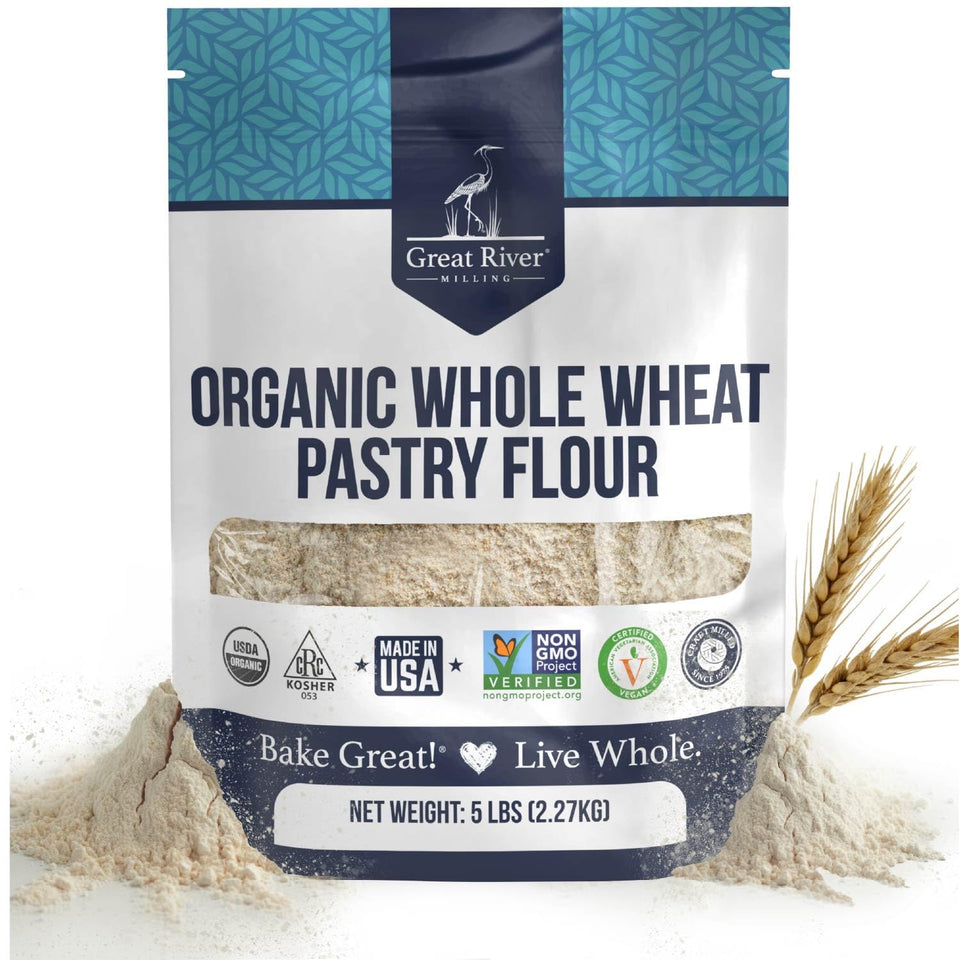 Great River Milling Organic Whole Wheat Pastry Flour bag showing pantry staple for tender pastries