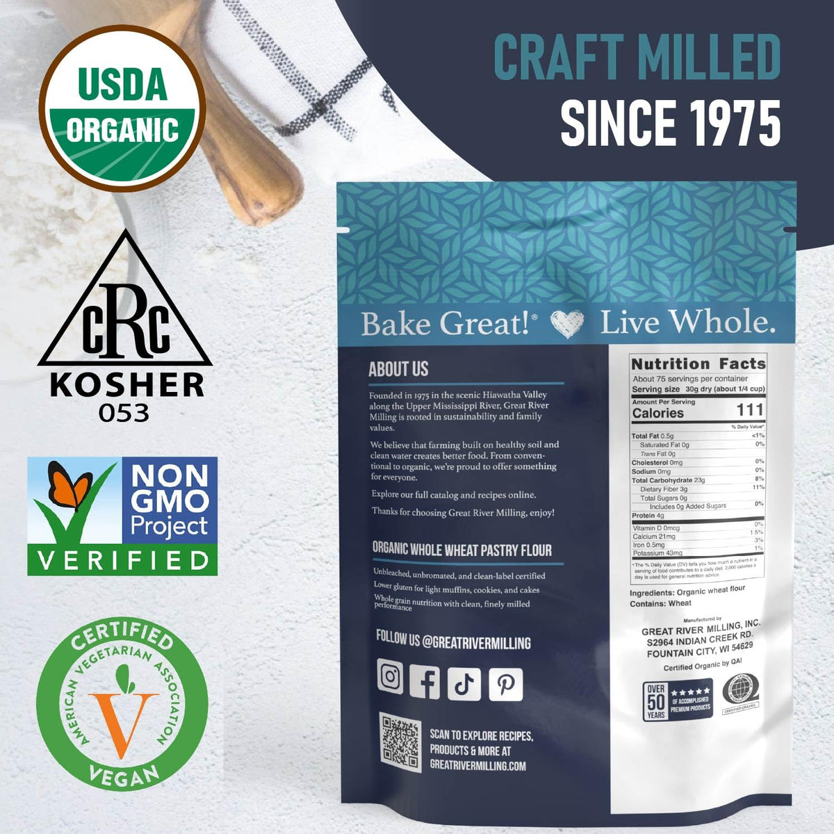 Fresh bag of Great River Milling flour ready for everyday baking