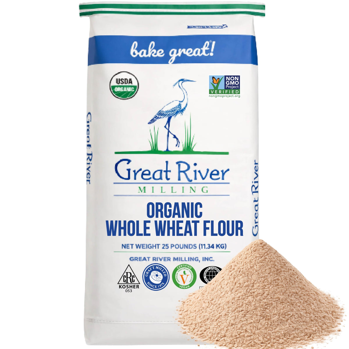 Great River Milling Organic Whole Wheat Flour bag showing high-protein baking ideal for sourdough