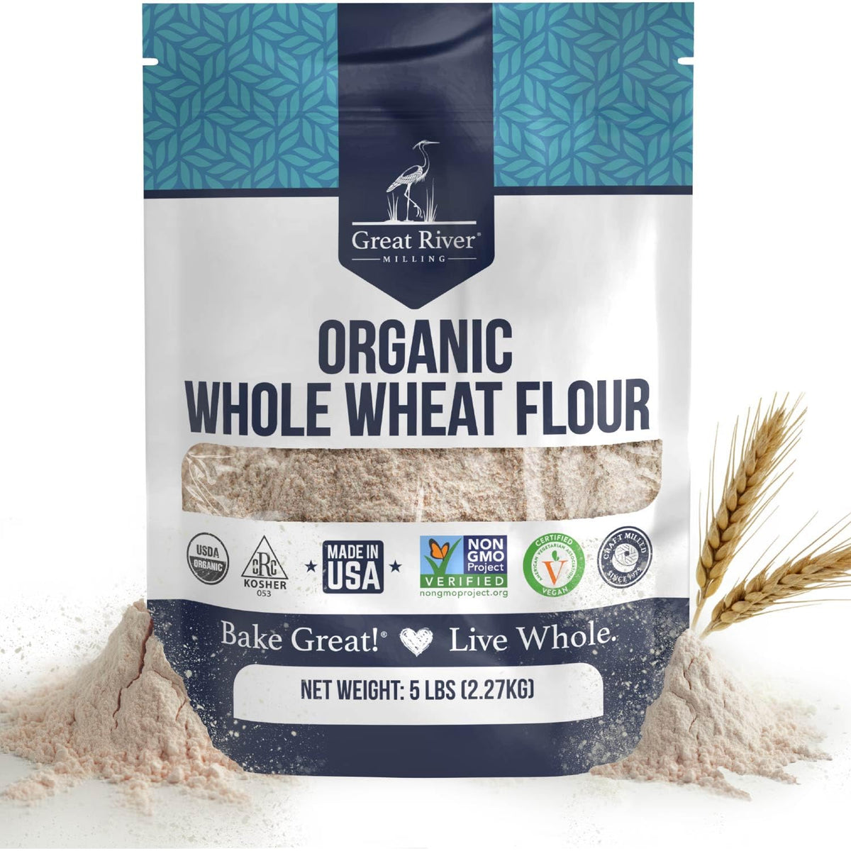 Great River Milling Organic Whole Wheat Flour 5lb bag for hearty, high-protein bread loaves