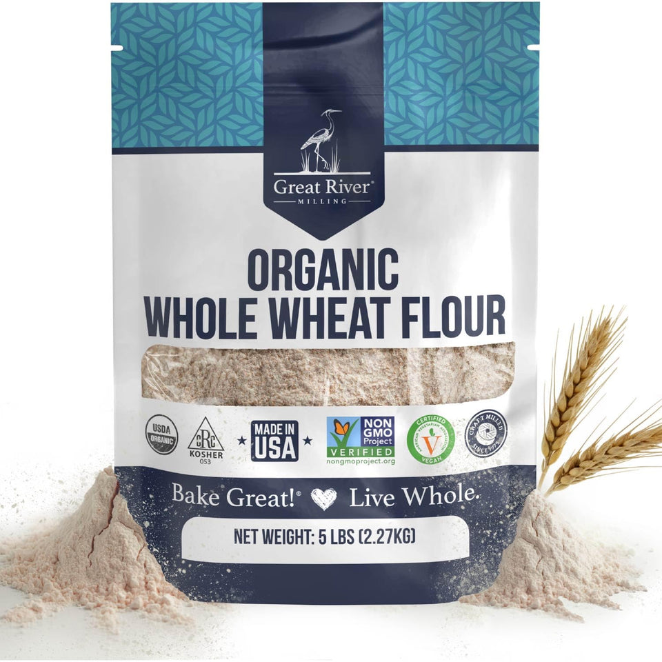 Great River Milling Organic Whole Wheat Flour 5lb bag for hearty, high-protein bread loaves