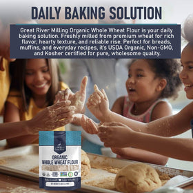 Great River Milling Organic Whole Wheat Flour closeup texture showing rustic bran and germ
