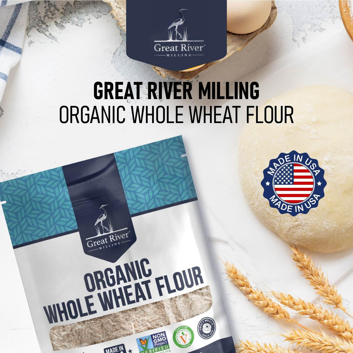 Great River Milling Organic Whole Wheat Flour organic-label package on counter