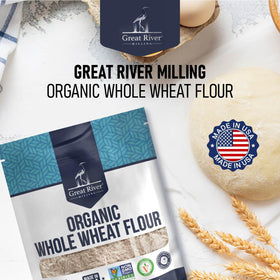 Great River Milling Organic Whole Wheat Flour organic-label package on counter