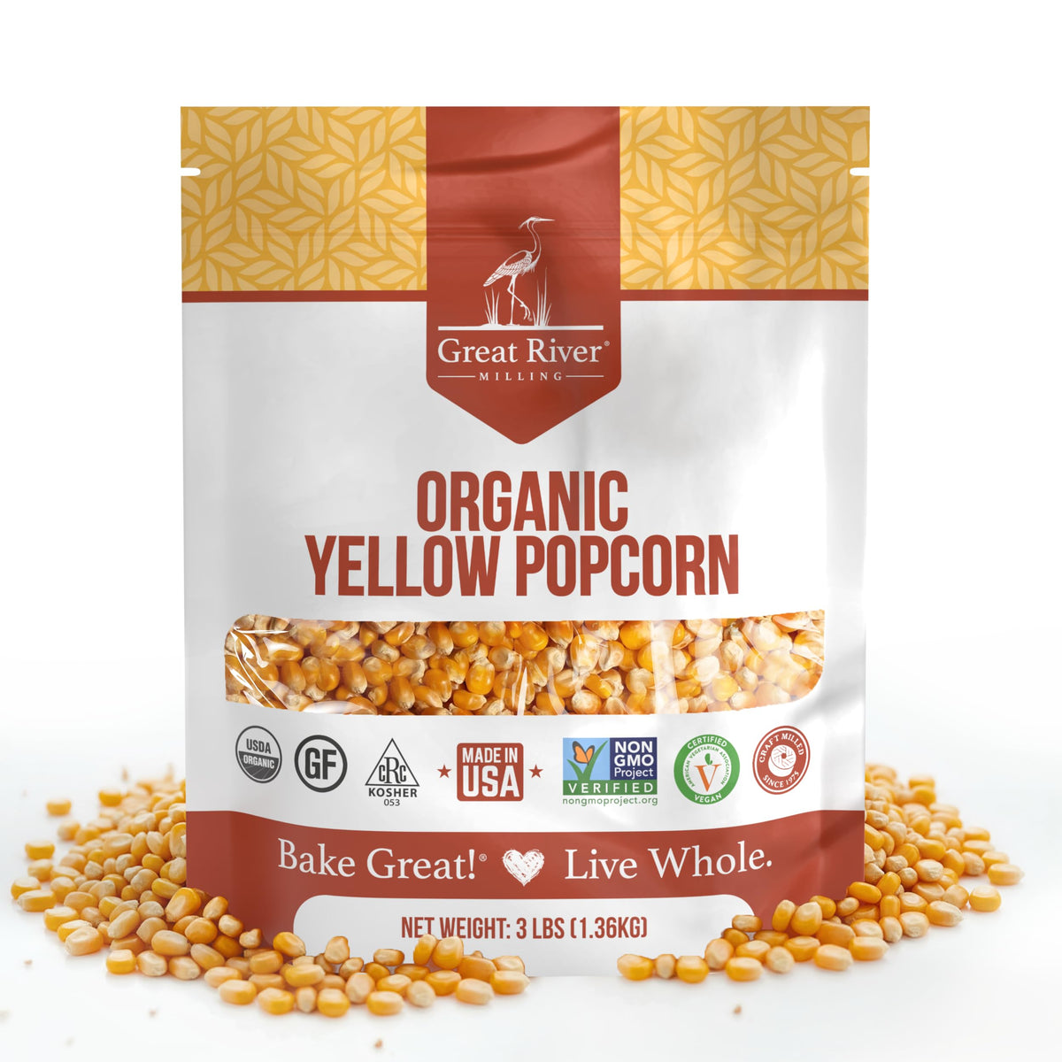 Great River Milling Organic Yellow Popcorn Kernels in a bag for fresh, fluffy popcorn at home.