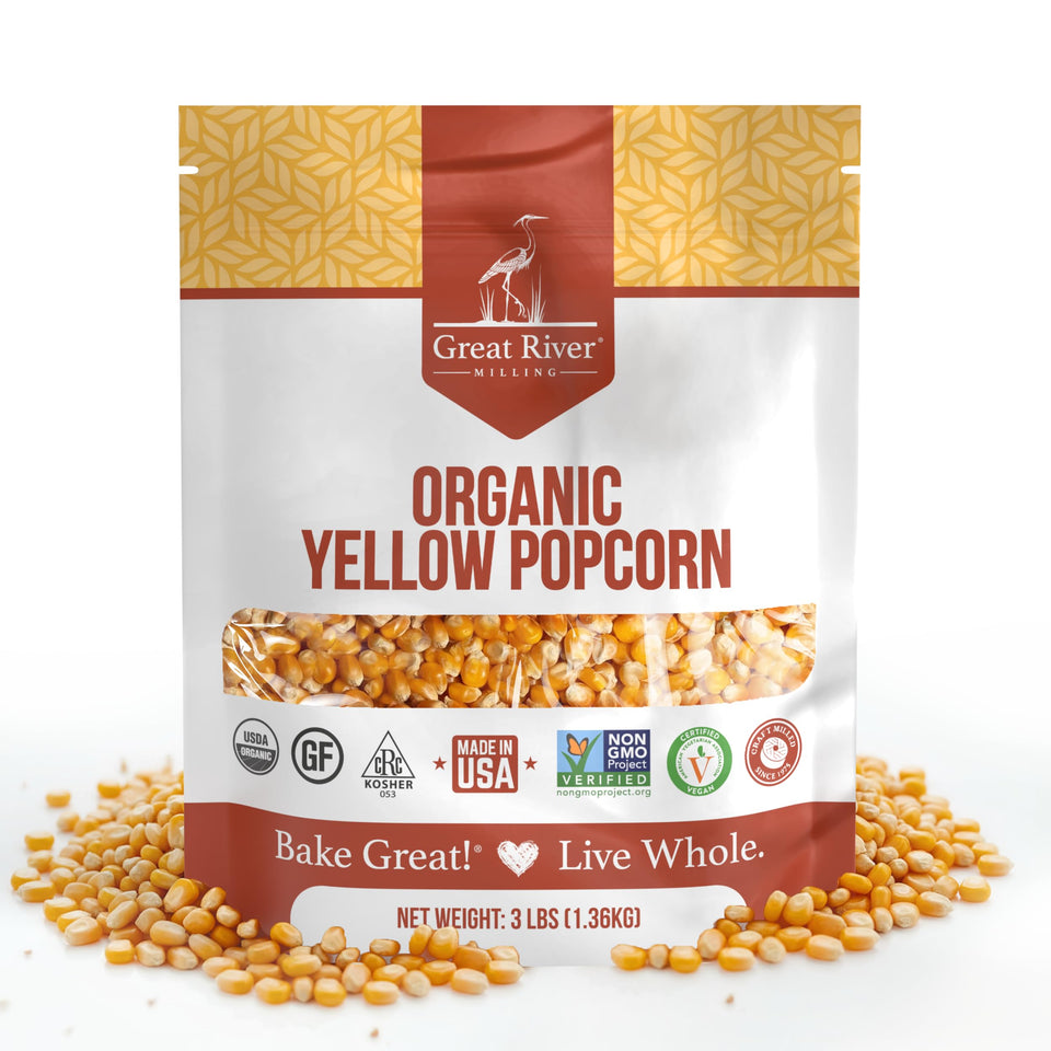 Great River Milling Organic Yellow Popcorn Kernels in a bag for fresh, fluffy popcorn at home.