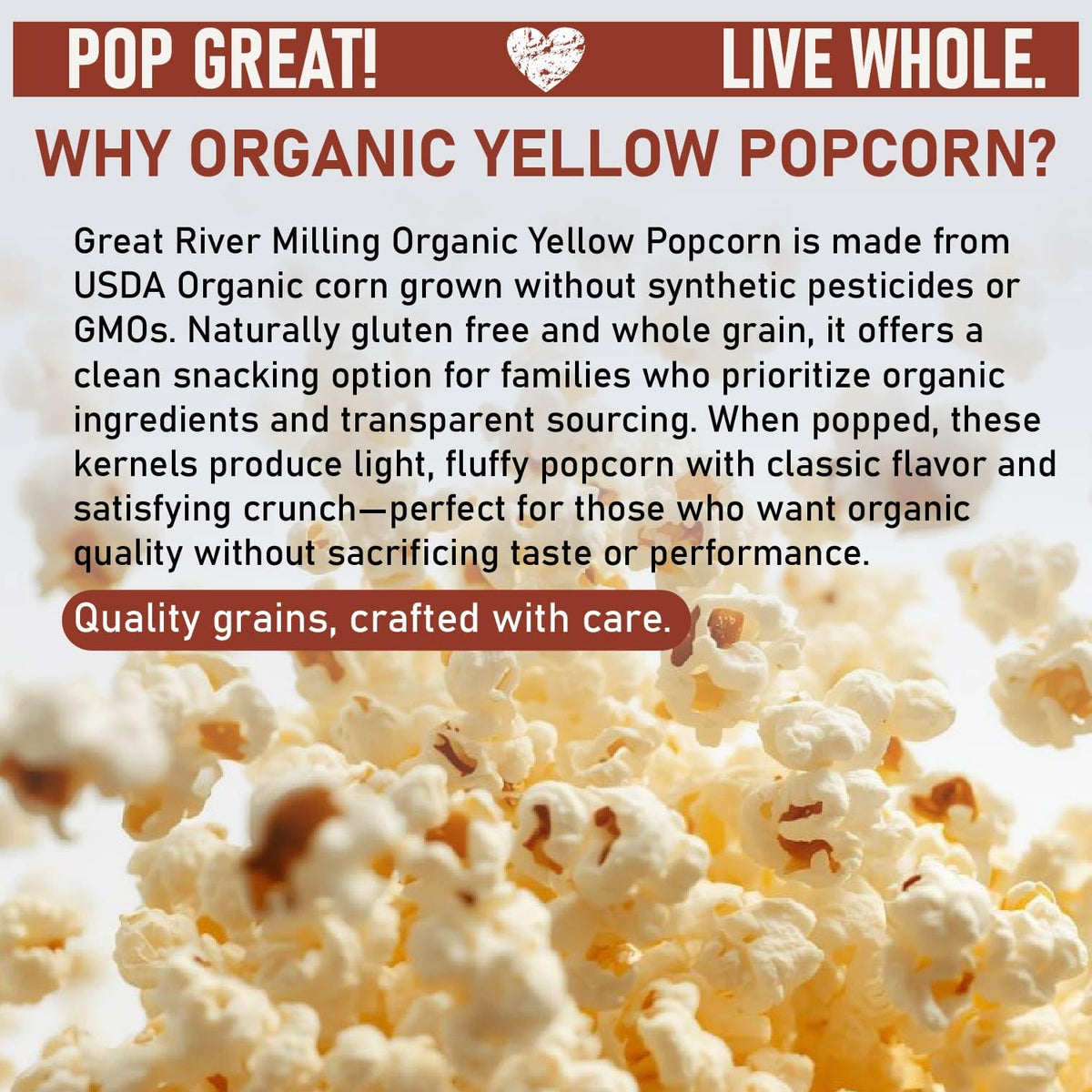 Great River Milling Organic Yellow Popcorn Kernels in a bowl ready for quick snacking.
