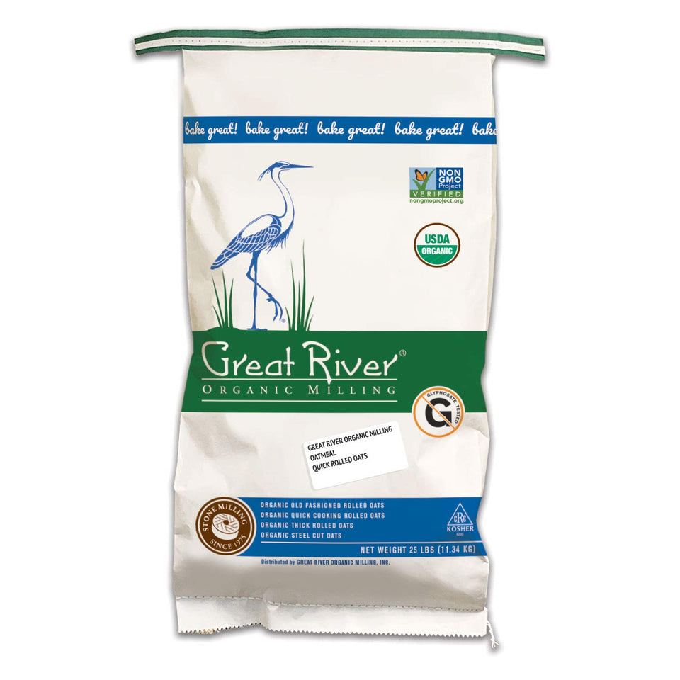 Great River Milling quick-cooking rolled oats bag, showcasing whole grains for speedy breakfasts.