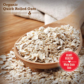 Great River Milling rolled oats ready for porridge in a bowl, ideal for overnight oats.