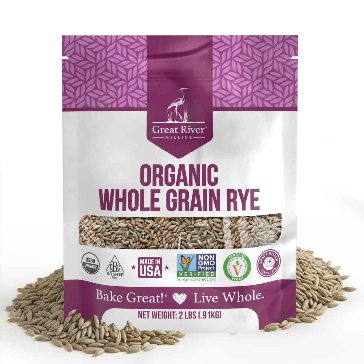 Great River Milling rye berries bag label highlights organic, non-GMO, kosher certifications for trust.