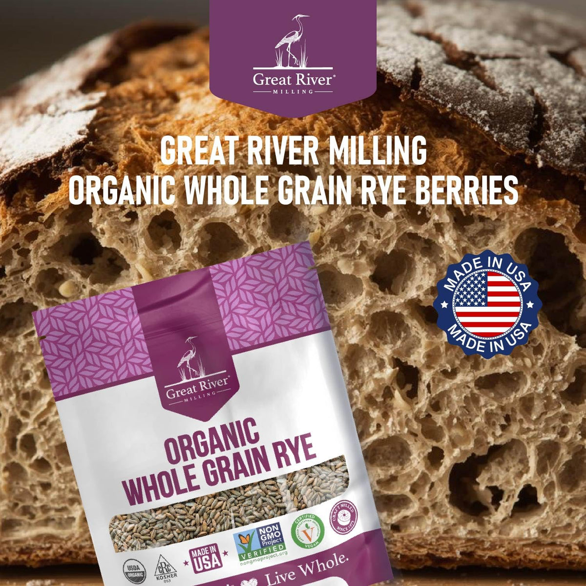 Great River Milling rye berries texture closeup showcases grain depth.
