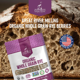 Great River Milling rye berries texture closeup showcases grain depth.