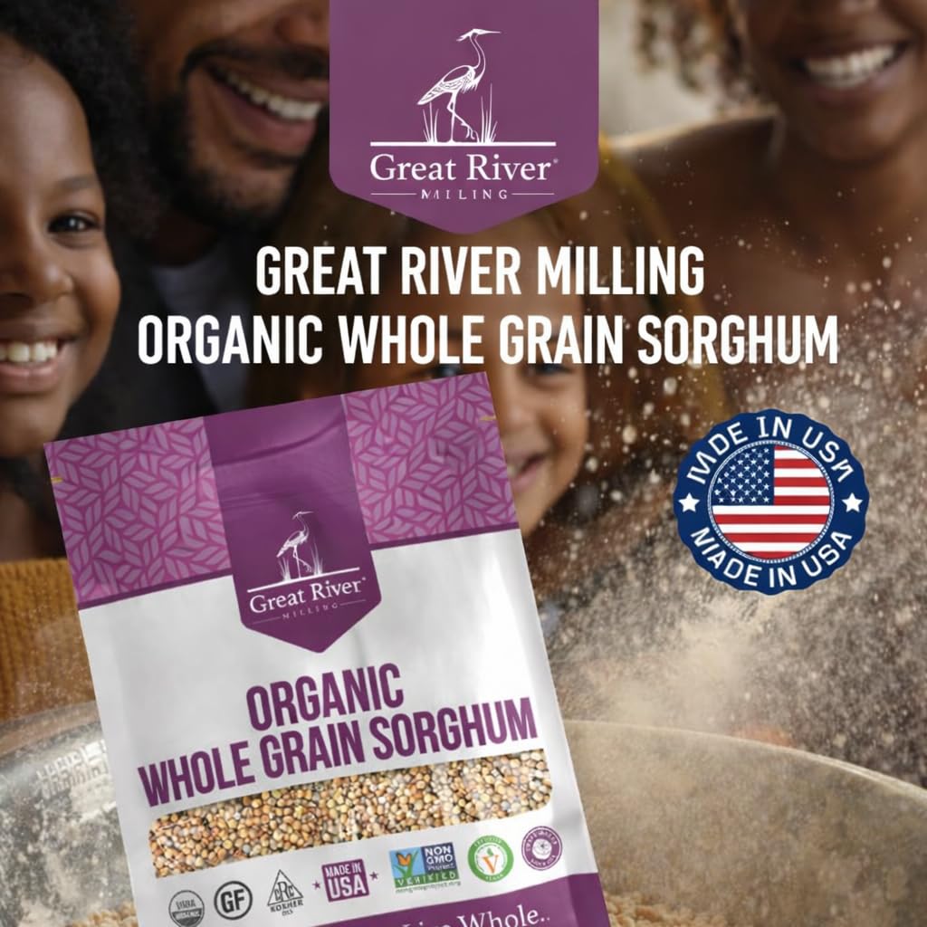 Great River Milling sorghum label shows non-GMO and kosher certifications.