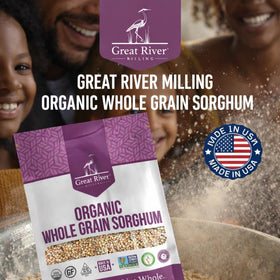 Great River Milling sorghum label shows non-GMO and kosher certifications.