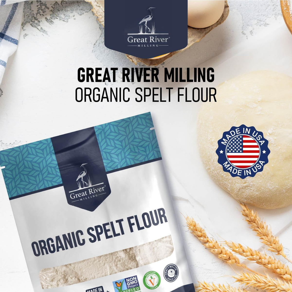 Great River Milling Spelt Flour fresh packaging on a pantry shelf