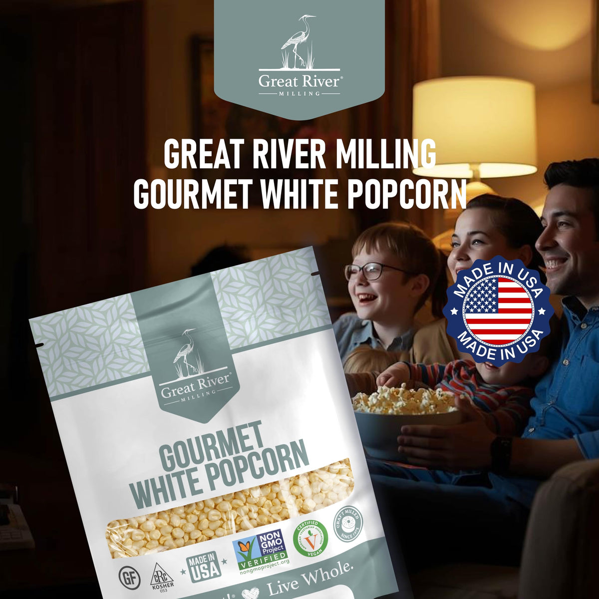 Great River Milling White Popcorn Kernels with caramel drizzle for kettle corn ideas.