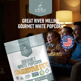 Great River Milling White Popcorn Kernels with caramel drizzle for kettle corn ideas.
