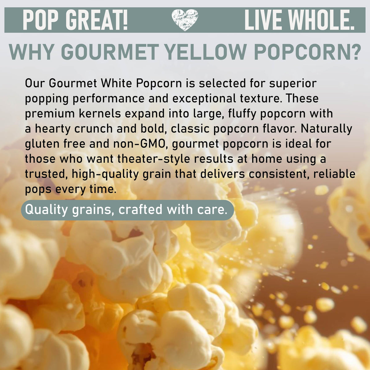 Great River Milling White Popcorn Kernels open bag ready to pop on the counter.