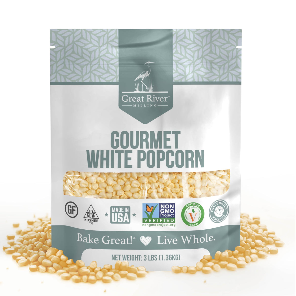 Great River Milling White Popcorn Kernels packaging ready to store and pop.
