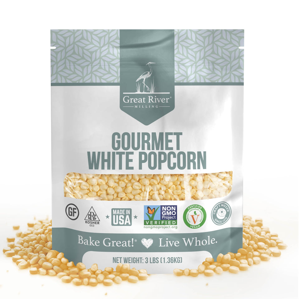 Great River Milling White Popcorn Kernels packaging ready to store and pop.