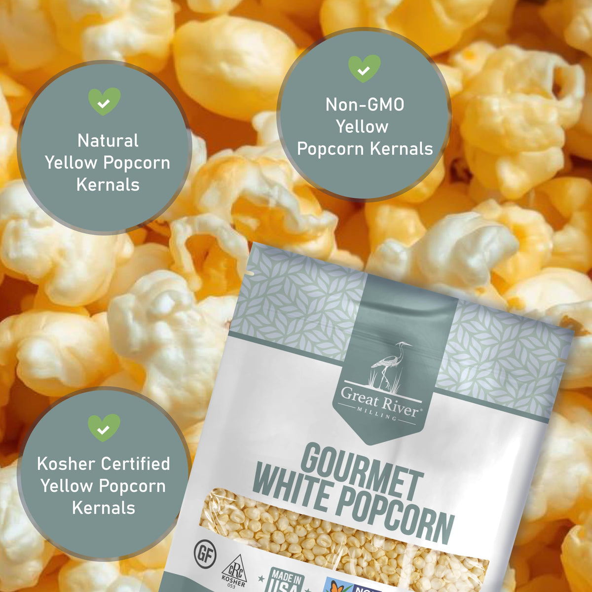 Great River Milling White Popcorn Kernels in a serving bowl with light fluffy popcorn.