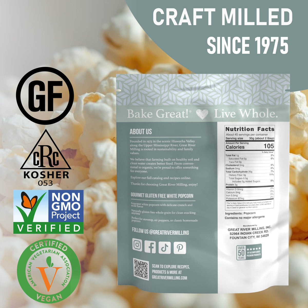 Great River Milling White Popcorn Kernels USA made label showcased on packaging.