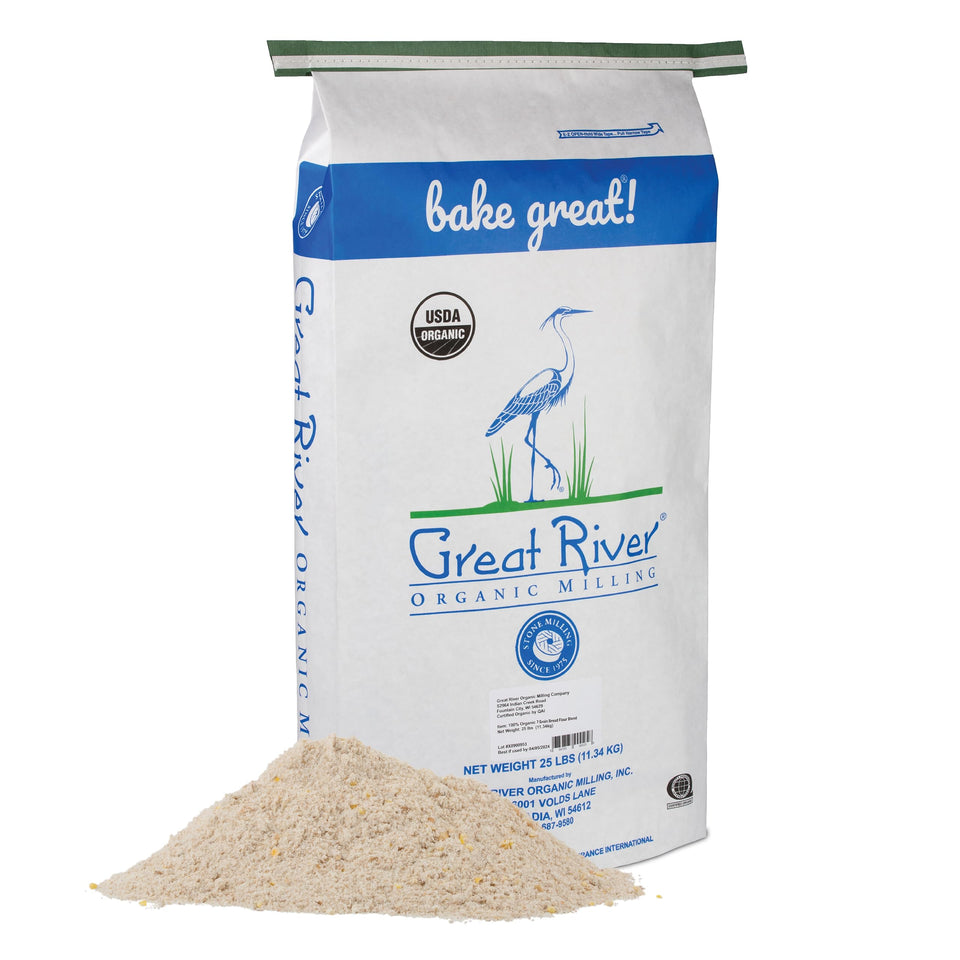 Great River Organic Seven Grain Bread Flour in a 25lb bulk pack for bakery-quality loaves.
