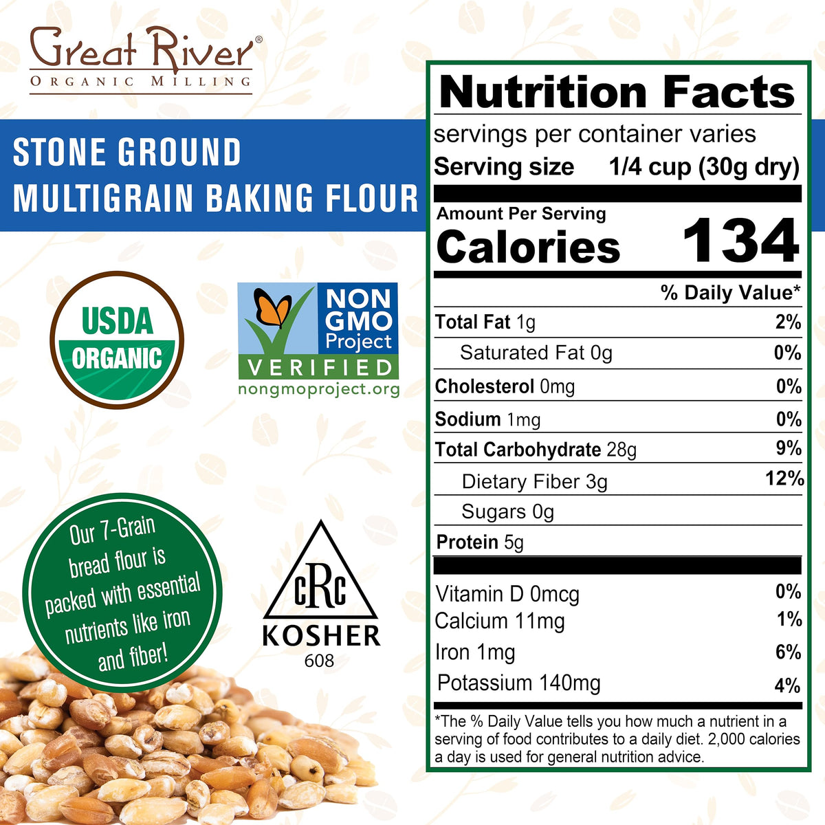Great River Organic Seven Grain flour close-up showing multigrain texture for flavorful baking.
