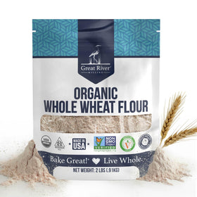 Great River Organic Milling Whole Wheat Flour bag ready for baking