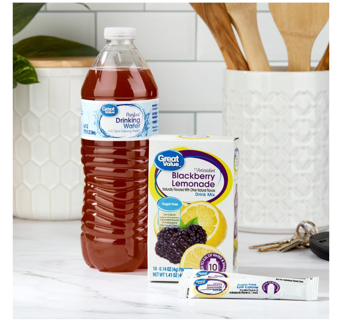 Great Value drink mix packets, sugar-free and low-calorie for quick flavor boosts.