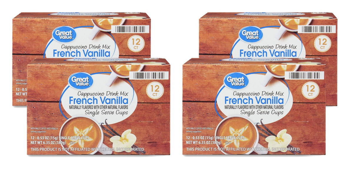 Great Value cappuccino pods French Vanilla close-up for rich hot beverages.