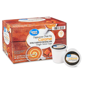 Great Value Cappuccino Pods in a mug with steam conveys coziness.