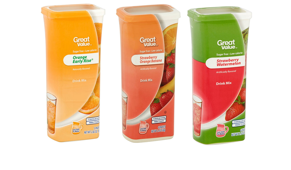 Great Value Early Rise Orange drink mix canister on display for low-calorie hydration.