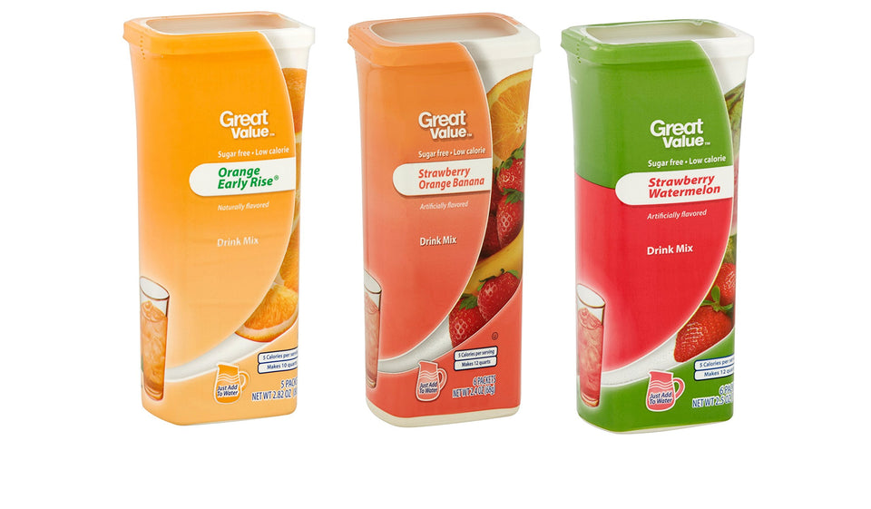 Great Value Early Rise Orange drink mix canister on display for low-calorie hydration.