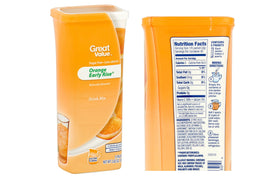 Great Value Orange Strawberry Banana canister showing convenient single-serve packets for quick mixing and anytime hydration.