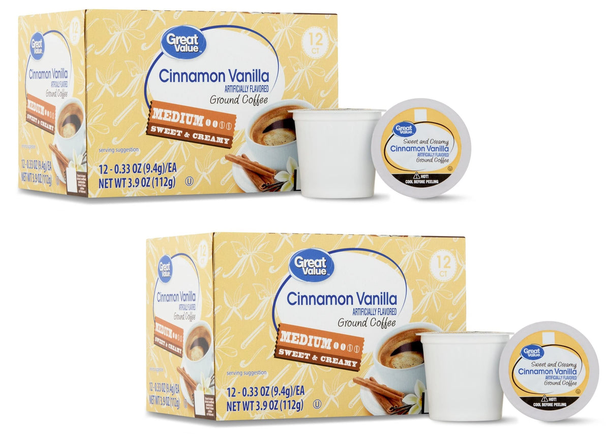 Great Value GV coffee pod packaging highlights value and freshness.