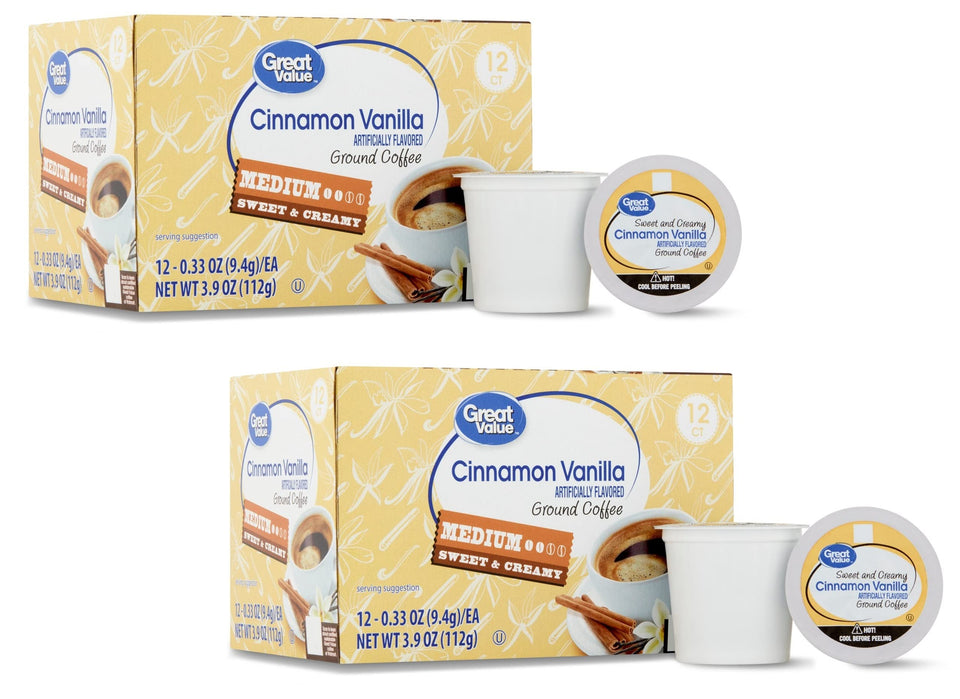 Great Value GV coffee pod packaging highlights value and freshness.
