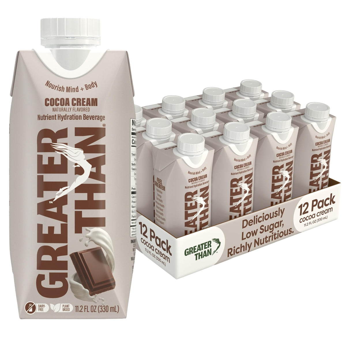 Greater Than Cocoa Cream bottle pour, velvety chocolate flavor for active days.