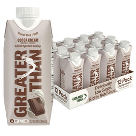 Greater Than Cocoa Cream bottle pour, velvety chocolate flavor for active days.