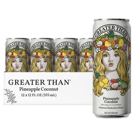 GREATER THAN Hydration for Her pineapple coconut bottle showing real fruit for balanced hydration