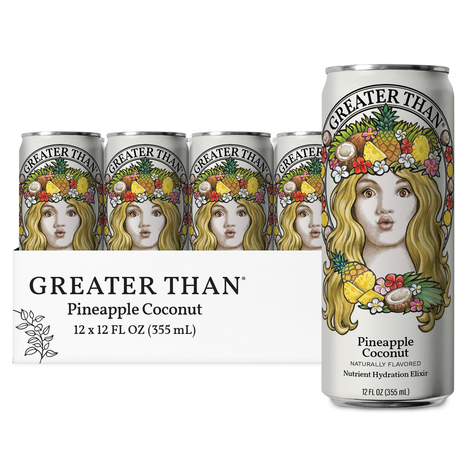 GREATER THAN Hydration for Her pineapple coconut bottle showing real fruit for balanced hydration